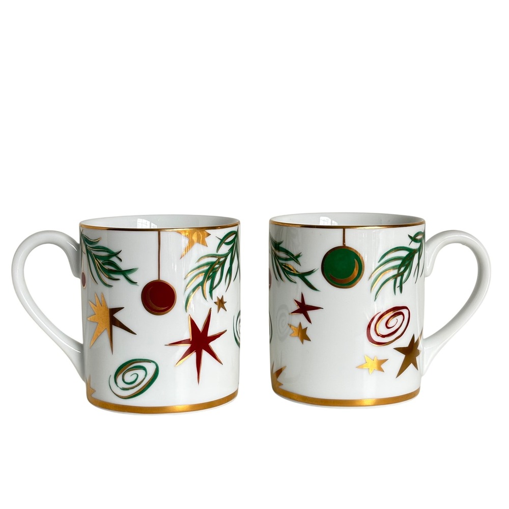 Tiffany & Co. Ornaments Mugs Set of 2 White Gold Trim Christmas‎ Holiday Japan